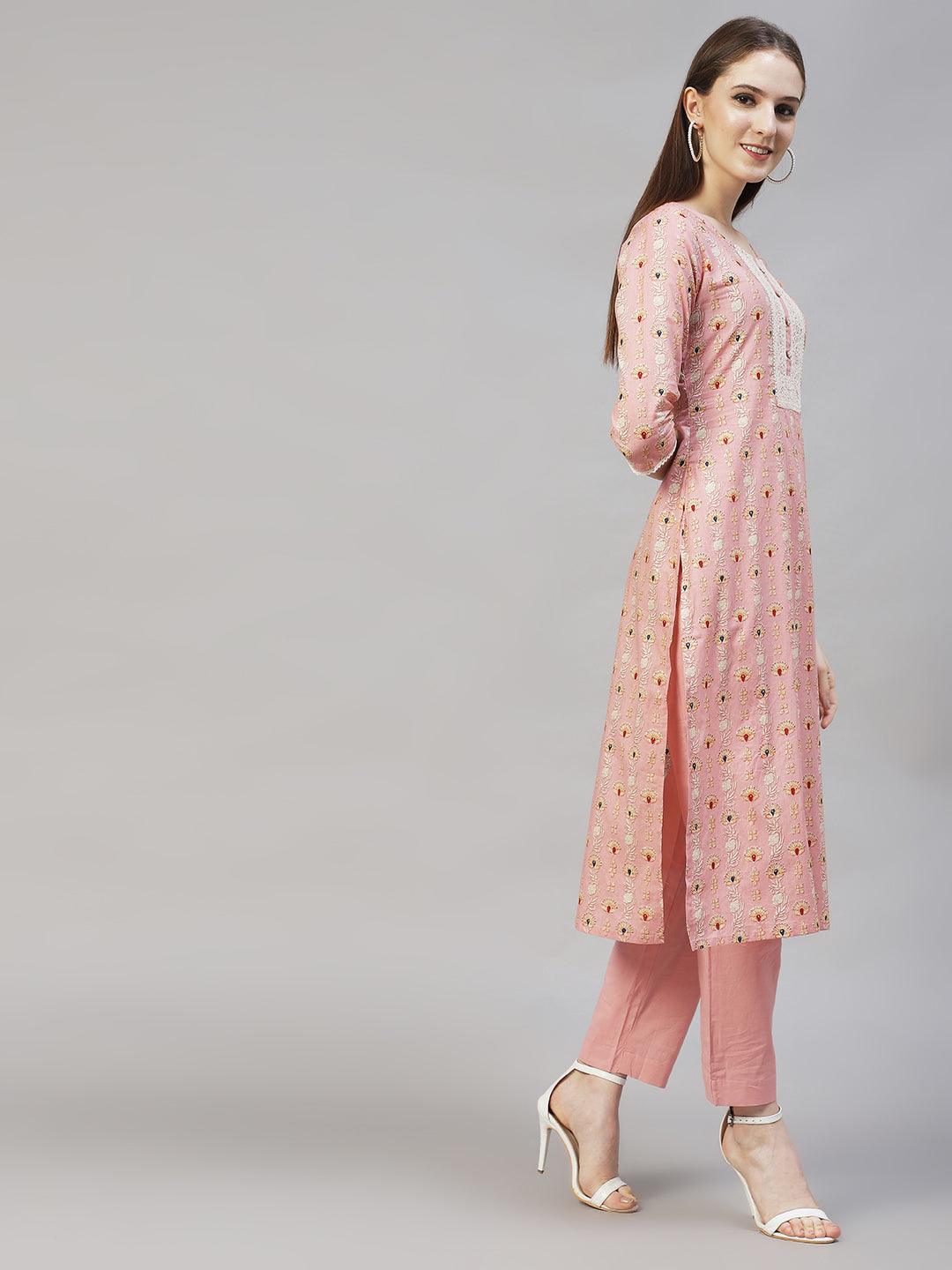 Floral Printed & Embroidered Kurta with Pants & Dupatta – Pastel Pink - Indiakreations