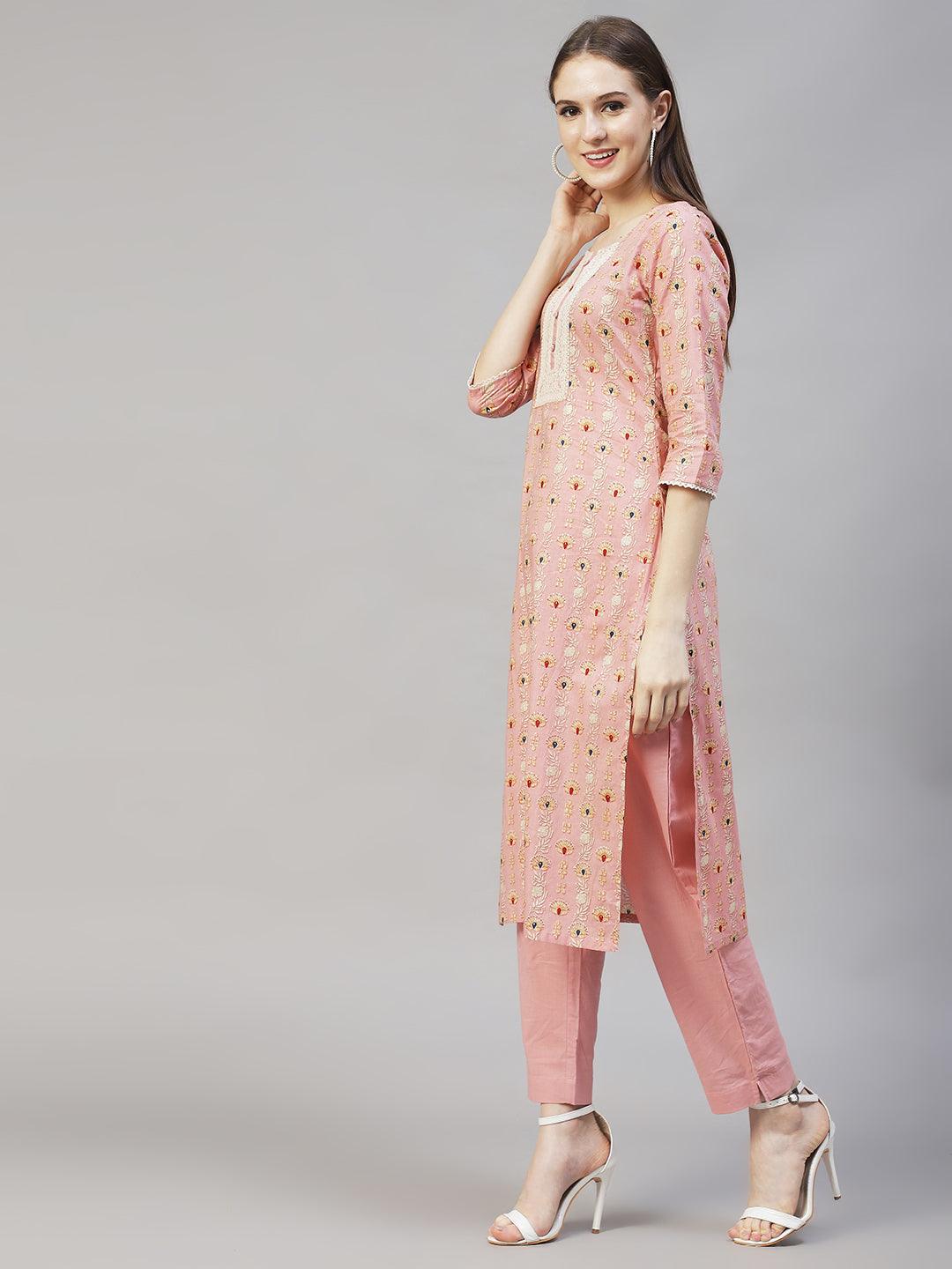 Floral Printed & Embroidered Kurta with Pants & Dupatta – Pastel Pink - Indiakreations