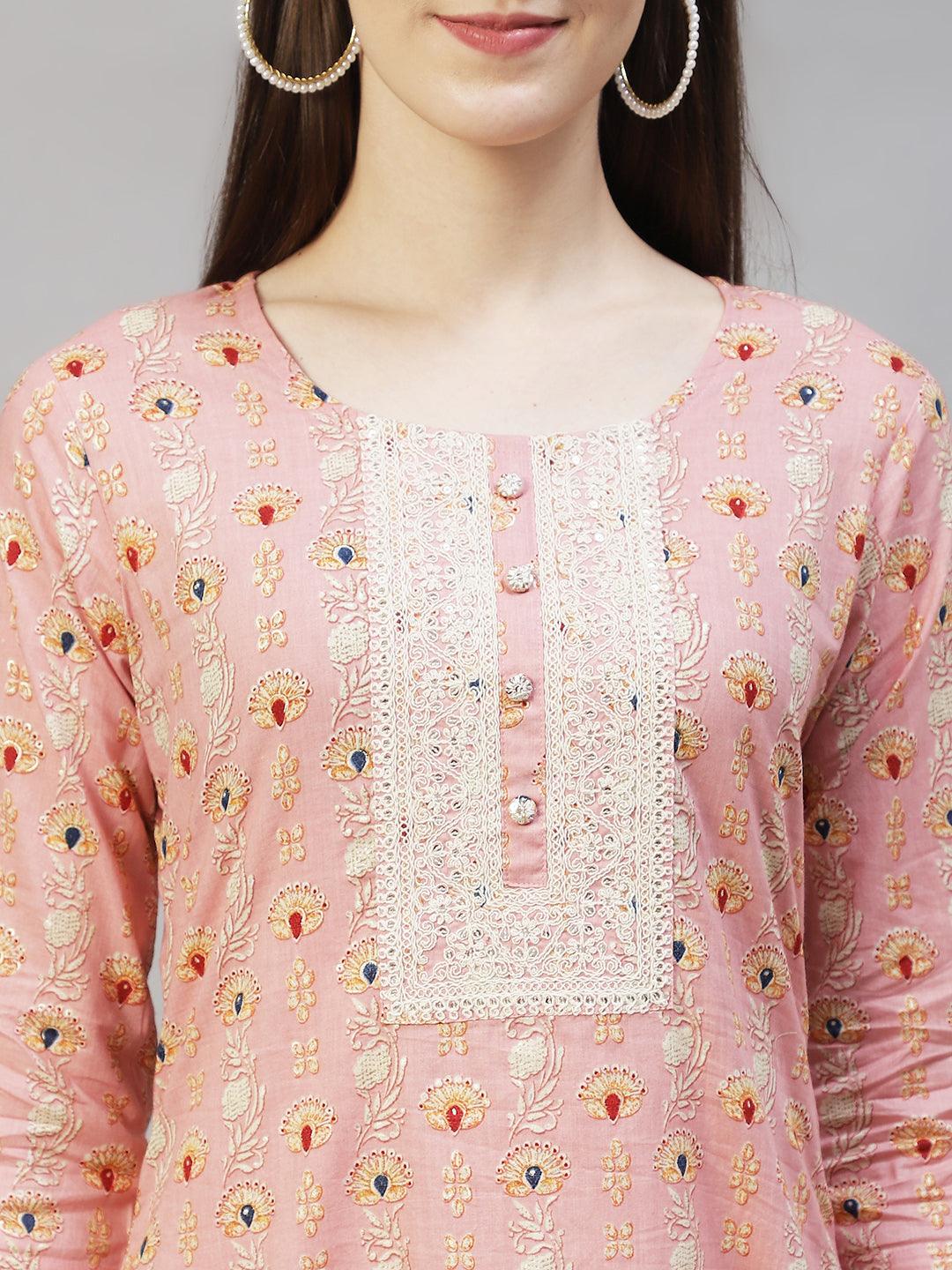 Floral Printed & Embroidered Kurta with Pants & Dupatta – Pastel Pink - Indiakreations