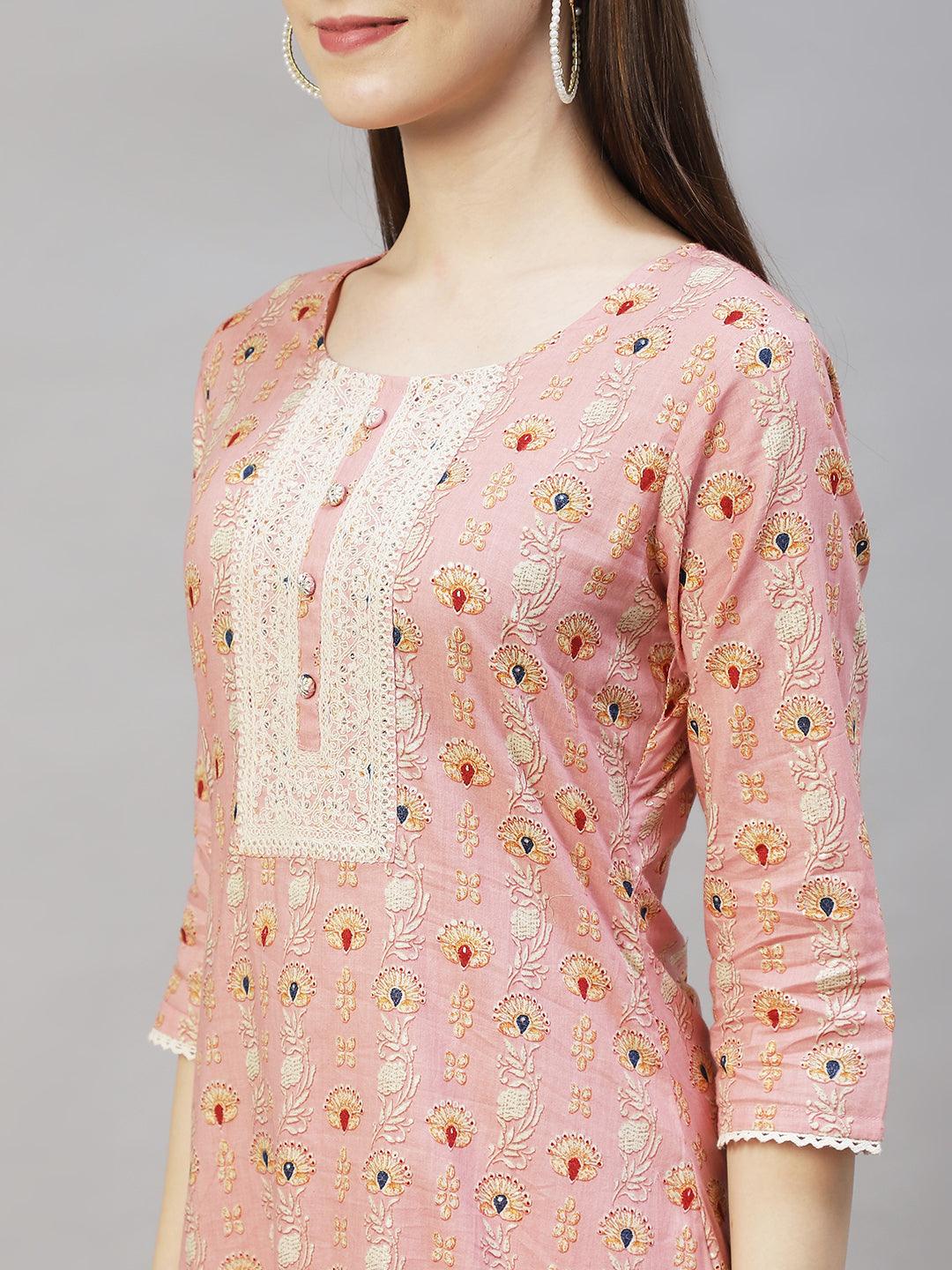 Floral Printed & Embroidered Kurta with Pants & Dupatta – Pastel Pink - Indiakreations