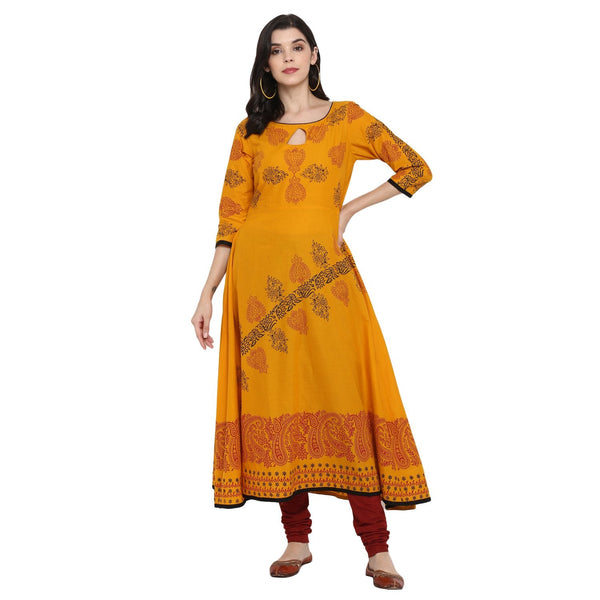 Women's Mustard Cotton Printed Anarkali Kurti With Block Print (1 Pc) - Noz2Toz