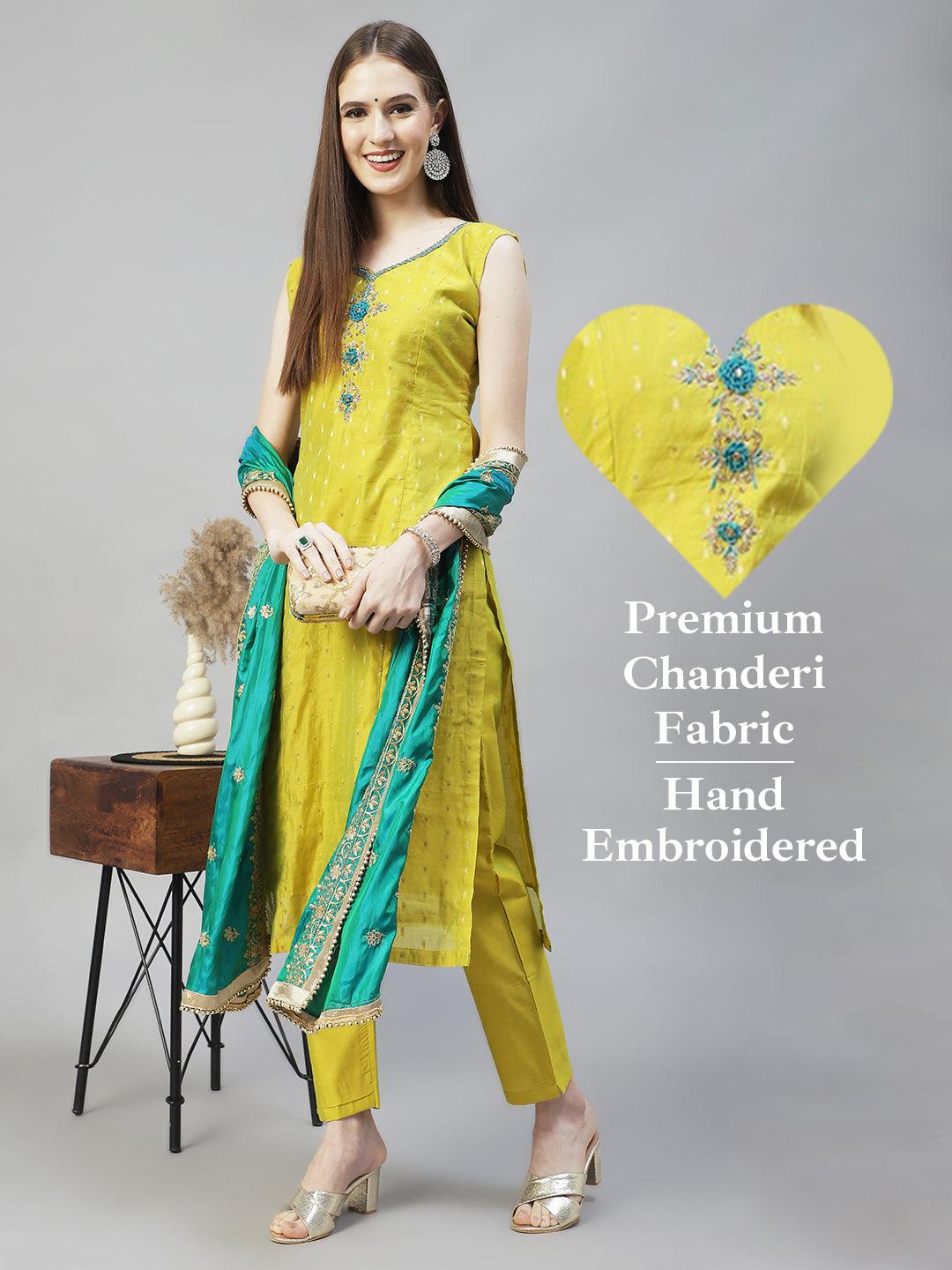 Floral Hand Embroidered Straight Kurta with Pants & Dupatta - Pear Green - Indiakreations