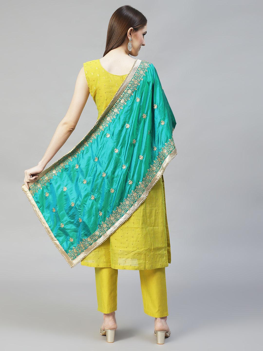 Floral Hand Embroidered Straight Kurta with Pants & Dupatta - Pear Green - Indiakreations