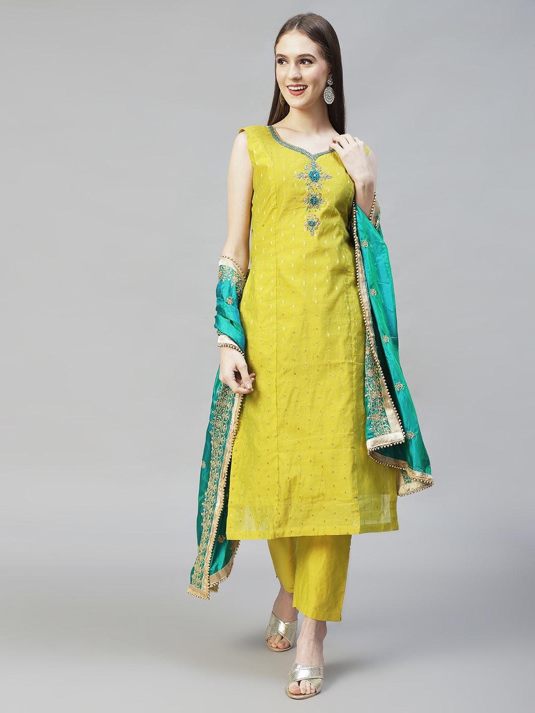 Floral Hand Embroidered Straight Kurta with Pants & Dupatta - Pear Green - Indiakreations