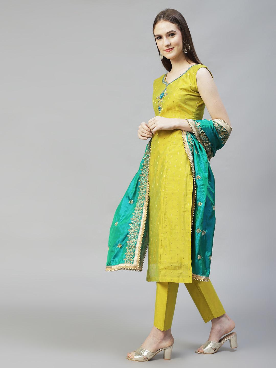 Floral Hand Embroidered Straight Kurta with Pants & Dupatta - Pear Green - Indiakreations