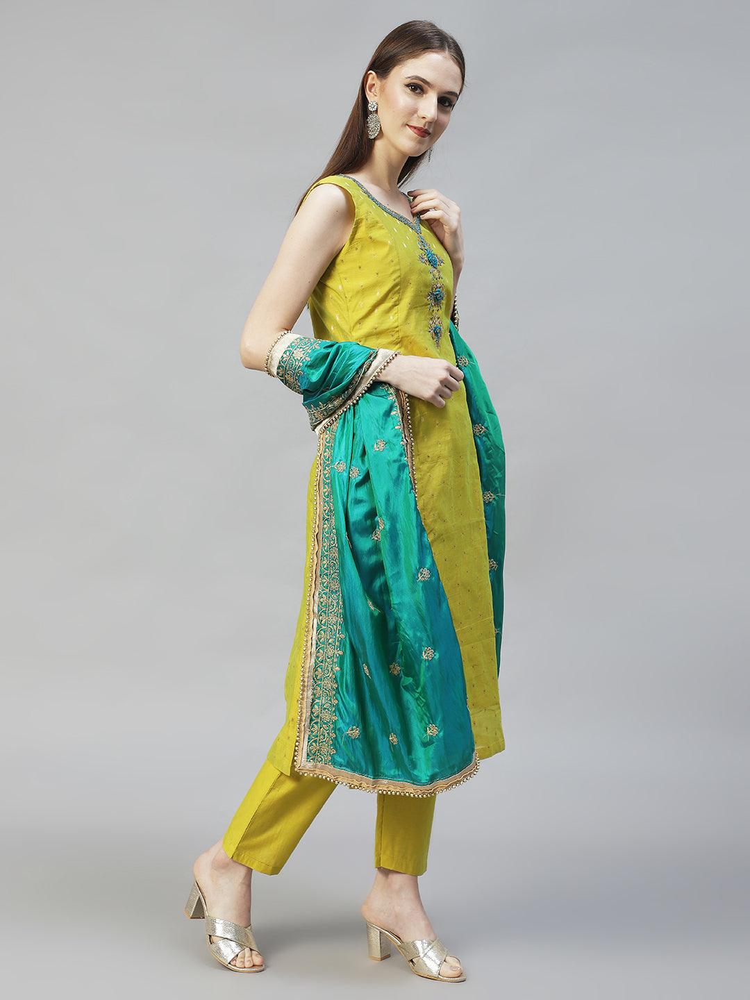 Floral Hand Embroidered Straight Kurta with Pants & Dupatta - Pear Green - Indiakreations