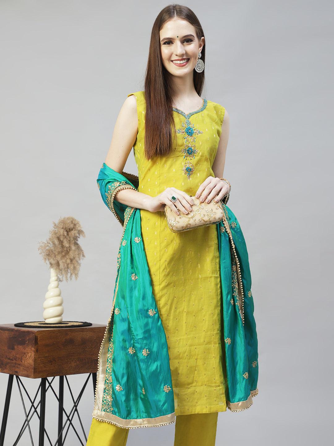 Floral Hand Embroidered Straight Kurta with Pants & Dupatta - Pear Green - Indiakreations