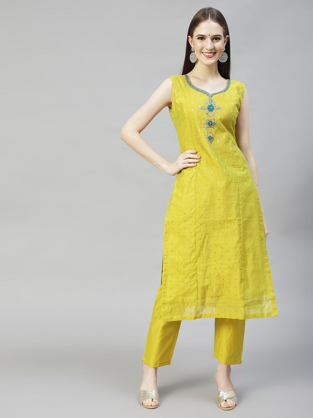 Floral Hand Embroidered Straight Kurta with Pants & Dupatta - Pear Green - Indiakreations