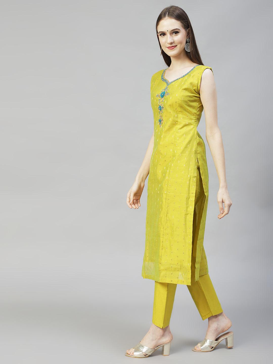 Floral Hand Embroidered Straight Kurta with Pants & Dupatta - Pear Green - Indiakreations