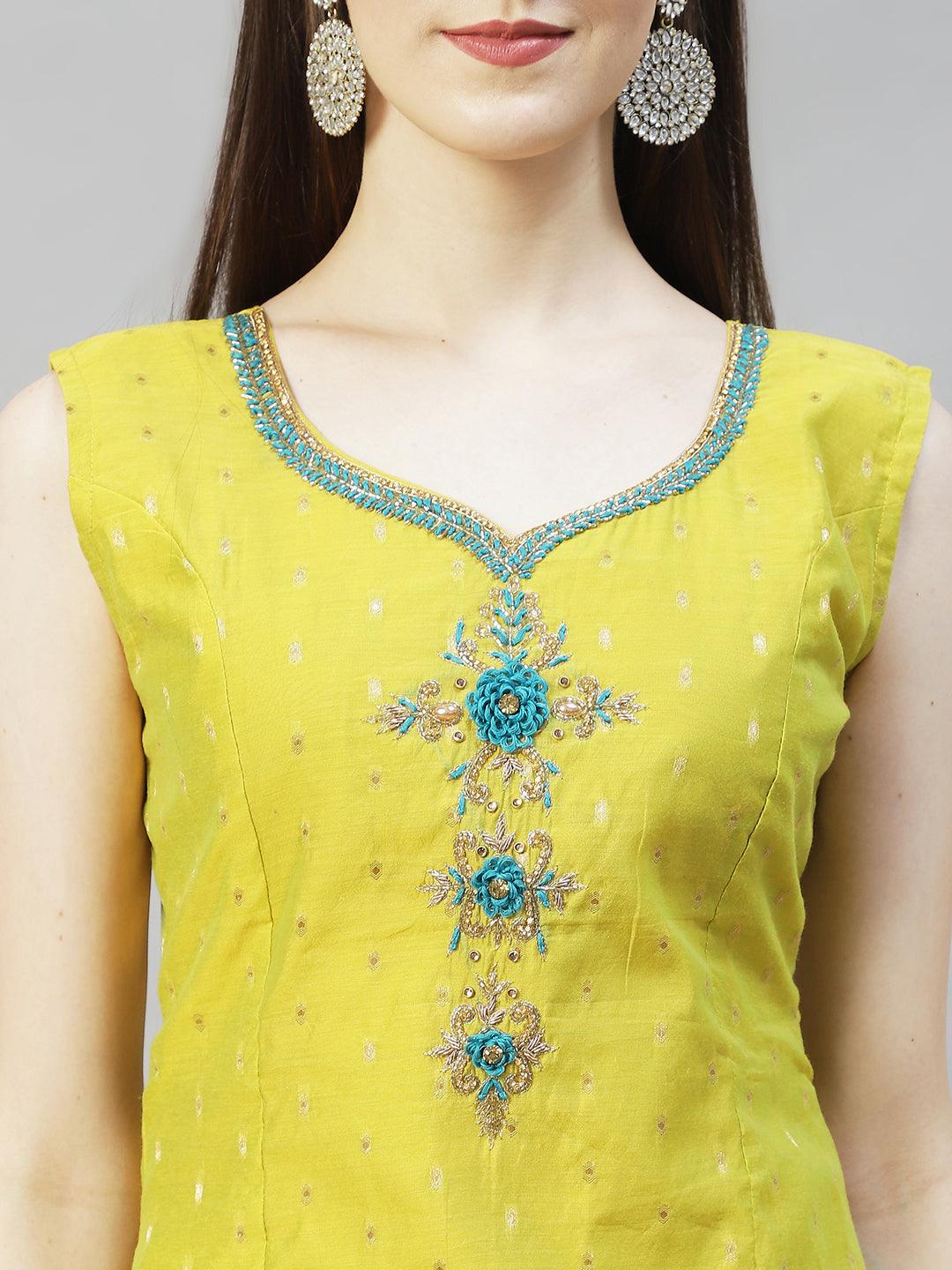 Floral Hand Embroidered Straight Kurta with Pants & Dupatta - Pear Green - Indiakreations