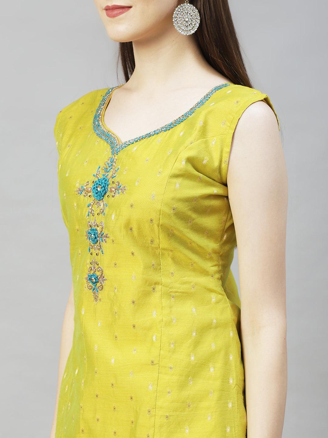 Floral Hand Embroidered Straight Kurta with Pants & Dupatta - Pear Green - Indiakreations