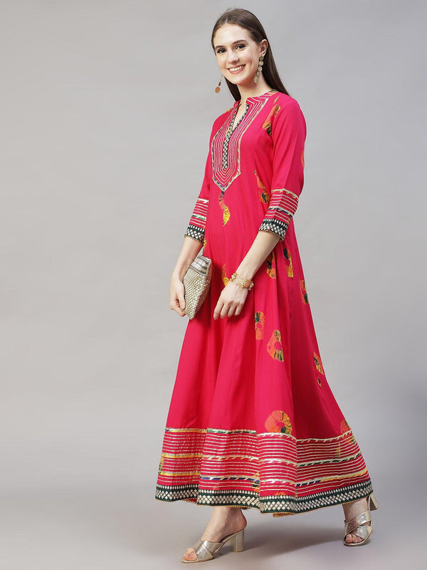 Ethnic Printed & Embroidered Anarkali Flared Maxi Dress - Hot Pink - Indiakreations