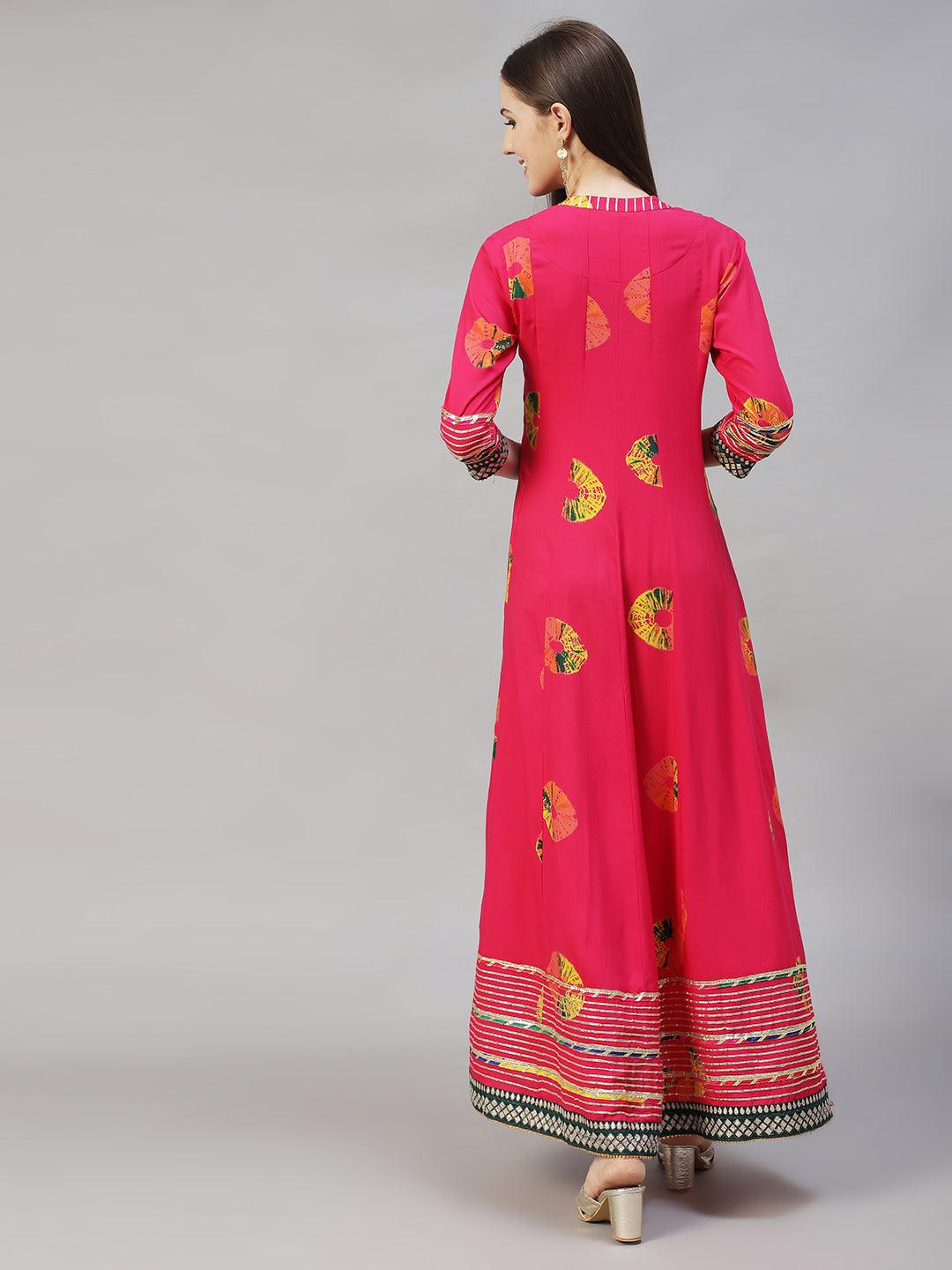 Ethnic Printed & Embroidered Anarkali Flared Maxi Dress - Hot Pink - Indiakreations