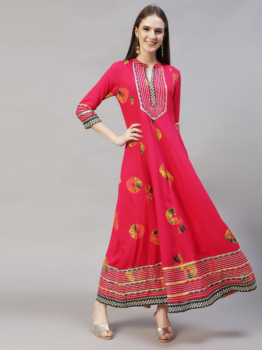 Ethnic Printed & Embroidered Anarkali Flared Maxi Dress - Hot Pink - Indiakreations