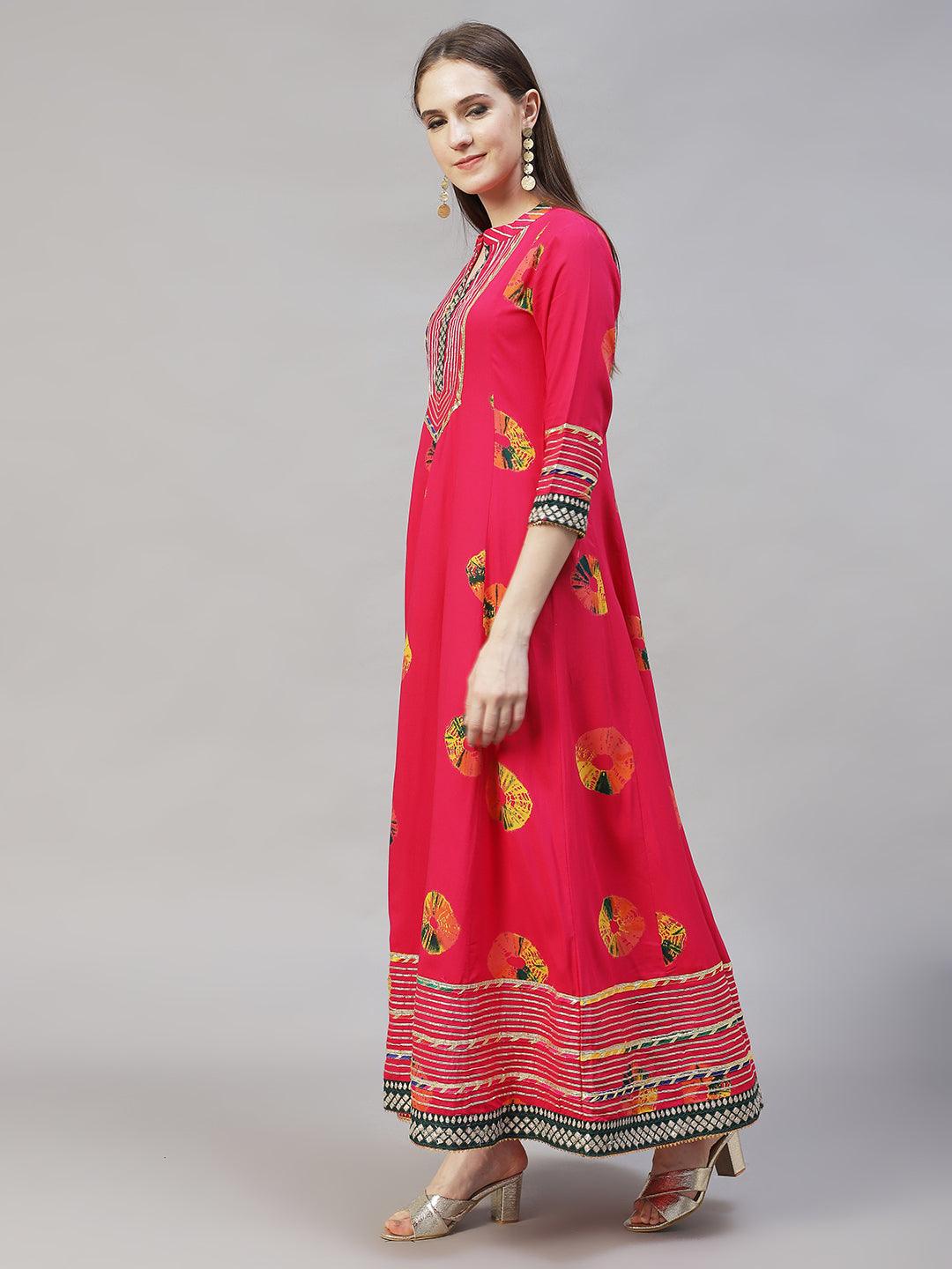 Ethnic Printed & Embroidered Anarkali Flared Maxi Dress - Hot Pink - Indiakreations