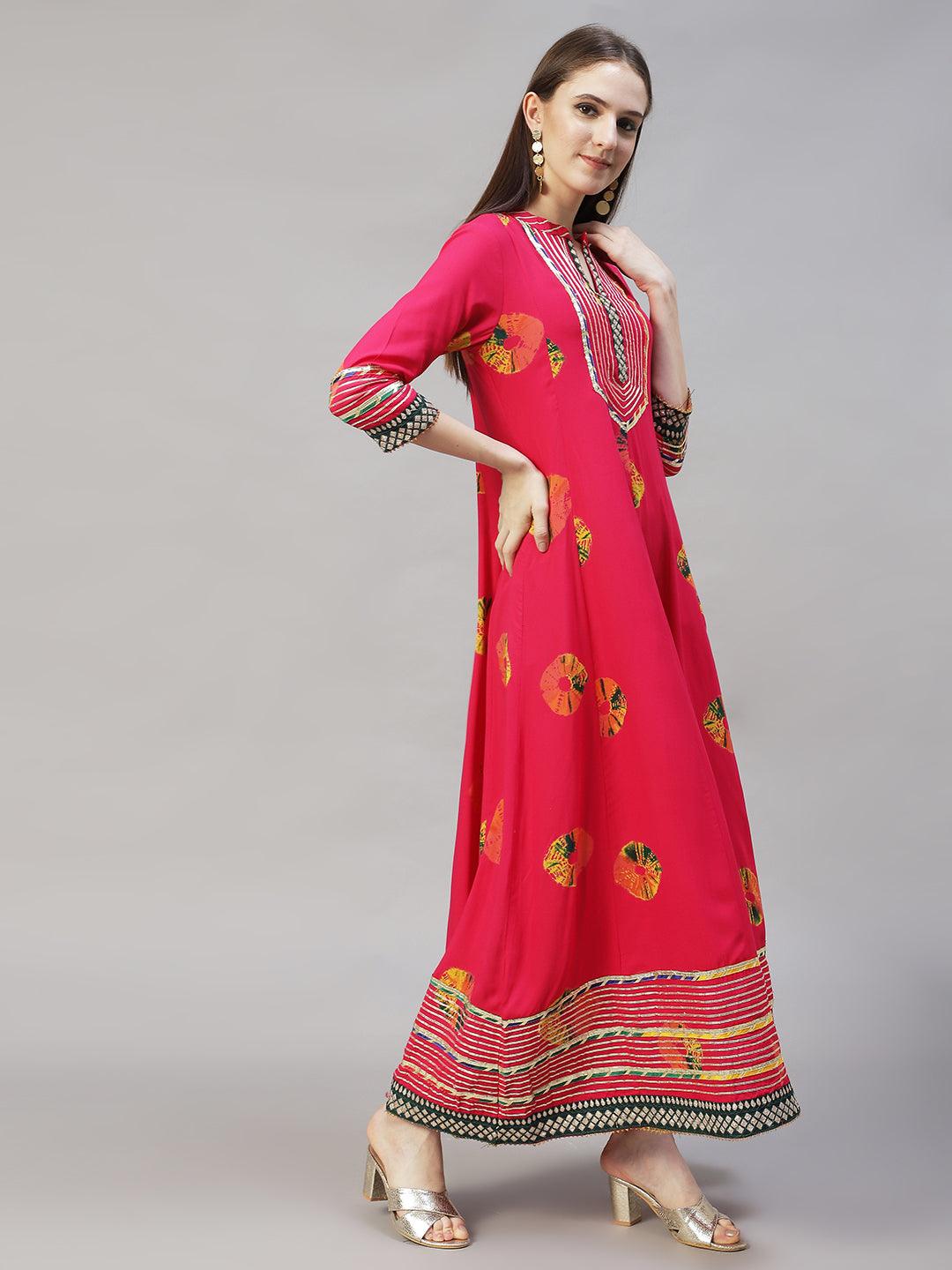 Ethnic Printed & Embroidered Anarkali Flared Maxi Dress - Hot Pink - Indiakreations