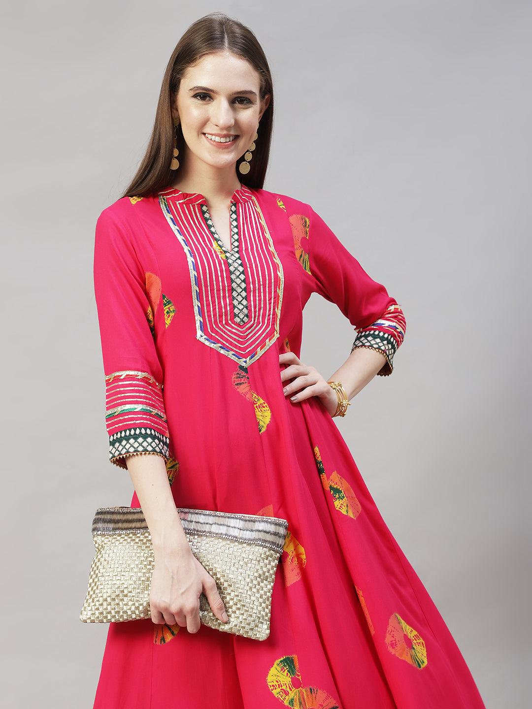 Ethnic Printed & Embroidered Anarkali Flared Maxi Dress - Hot Pink - Indiakreations