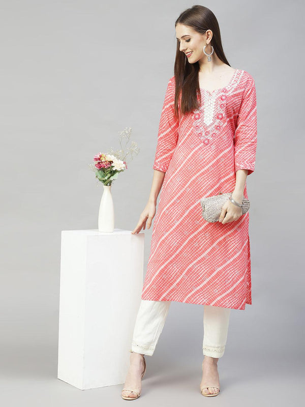 Ethnic Printed & Embroidered Straight Fit Kurta - Peach - Indiakreations