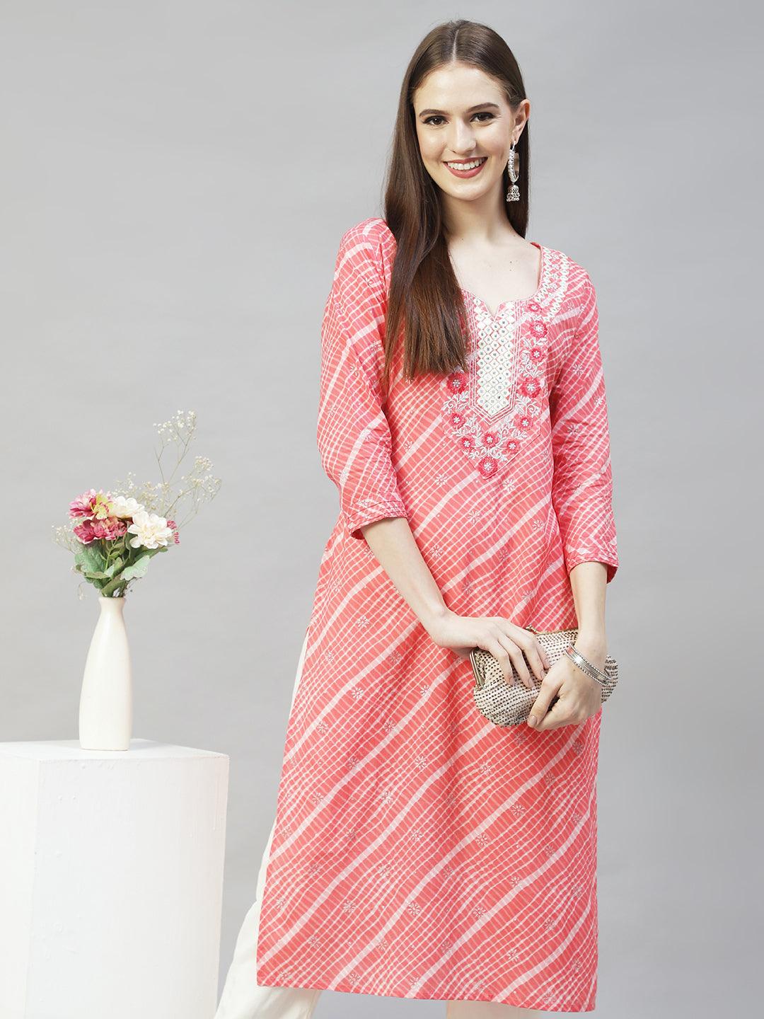 Ethnic Printed & Embroidered Straight Fit Kurta - Peach - Indiakreations