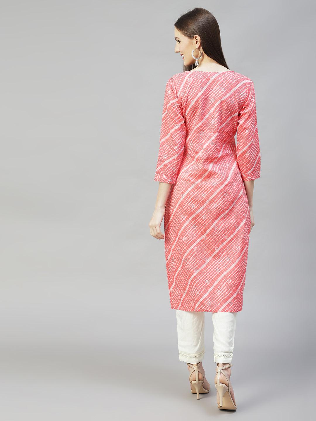 Ethnic Printed & Embroidered Straight Fit Kurta - Peach - Indiakreations