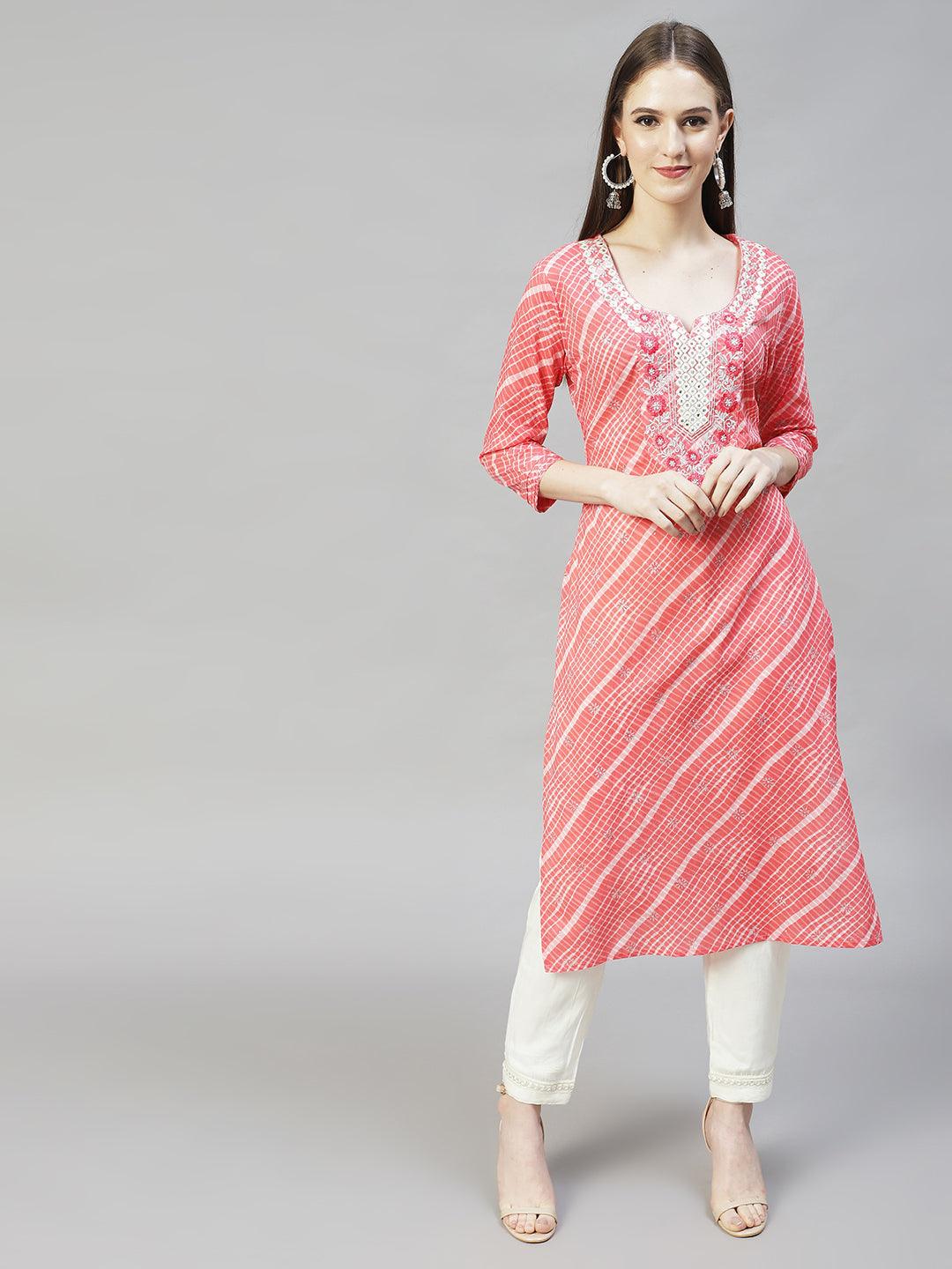 Ethnic Printed & Embroidered Straight Fit Kurta - Peach - Indiakreations