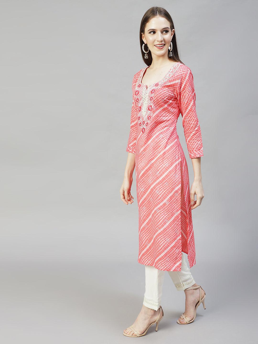 Ethnic Printed & Embroidered Straight Fit Kurta - Peach - Indiakreations