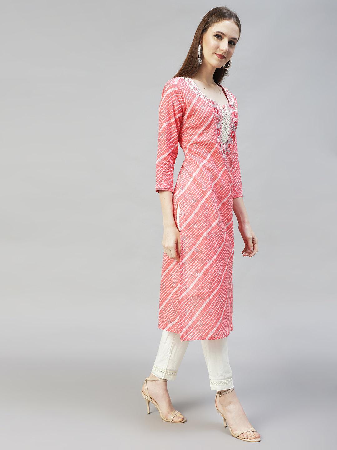 Ethnic Printed & Embroidered Straight Fit Kurta - Peach - Indiakreations