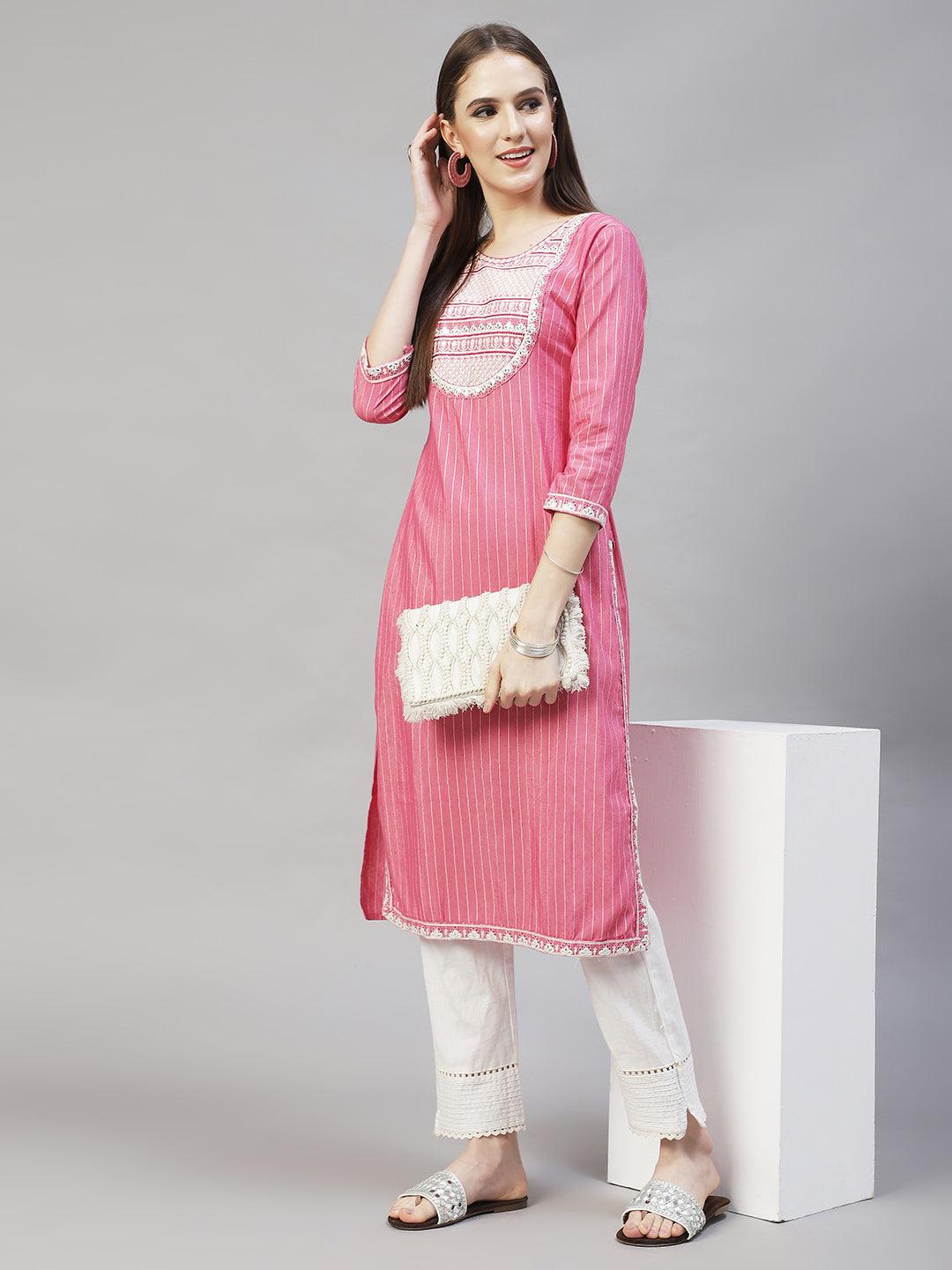 Ethnic Embroidered & Woven Stripes Straight Fit Kurta - Pink - Indiakreations