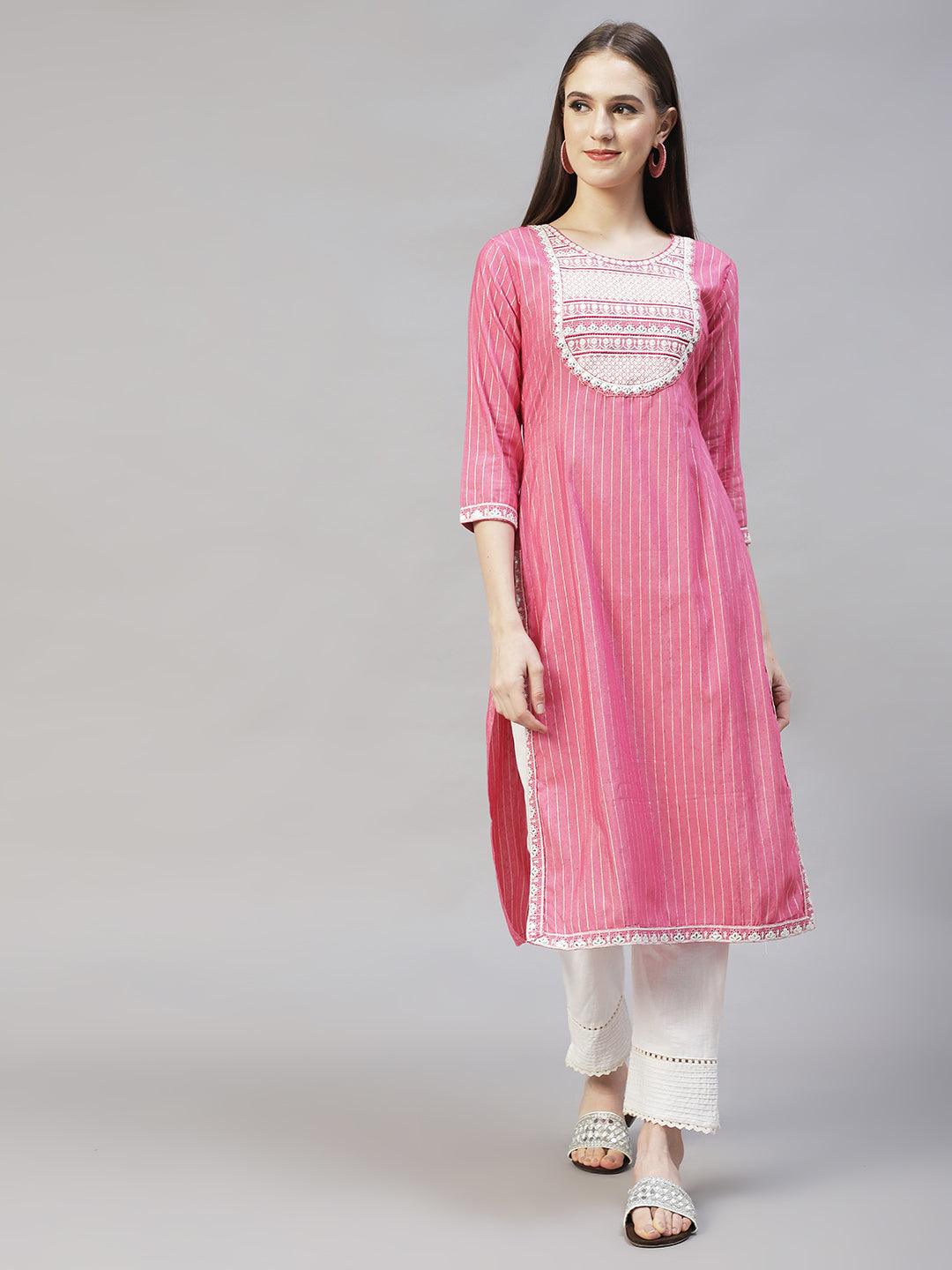 Ethnic Embroidered & Woven Stripes Straight Fit Kurta - Pink - Indiakreations