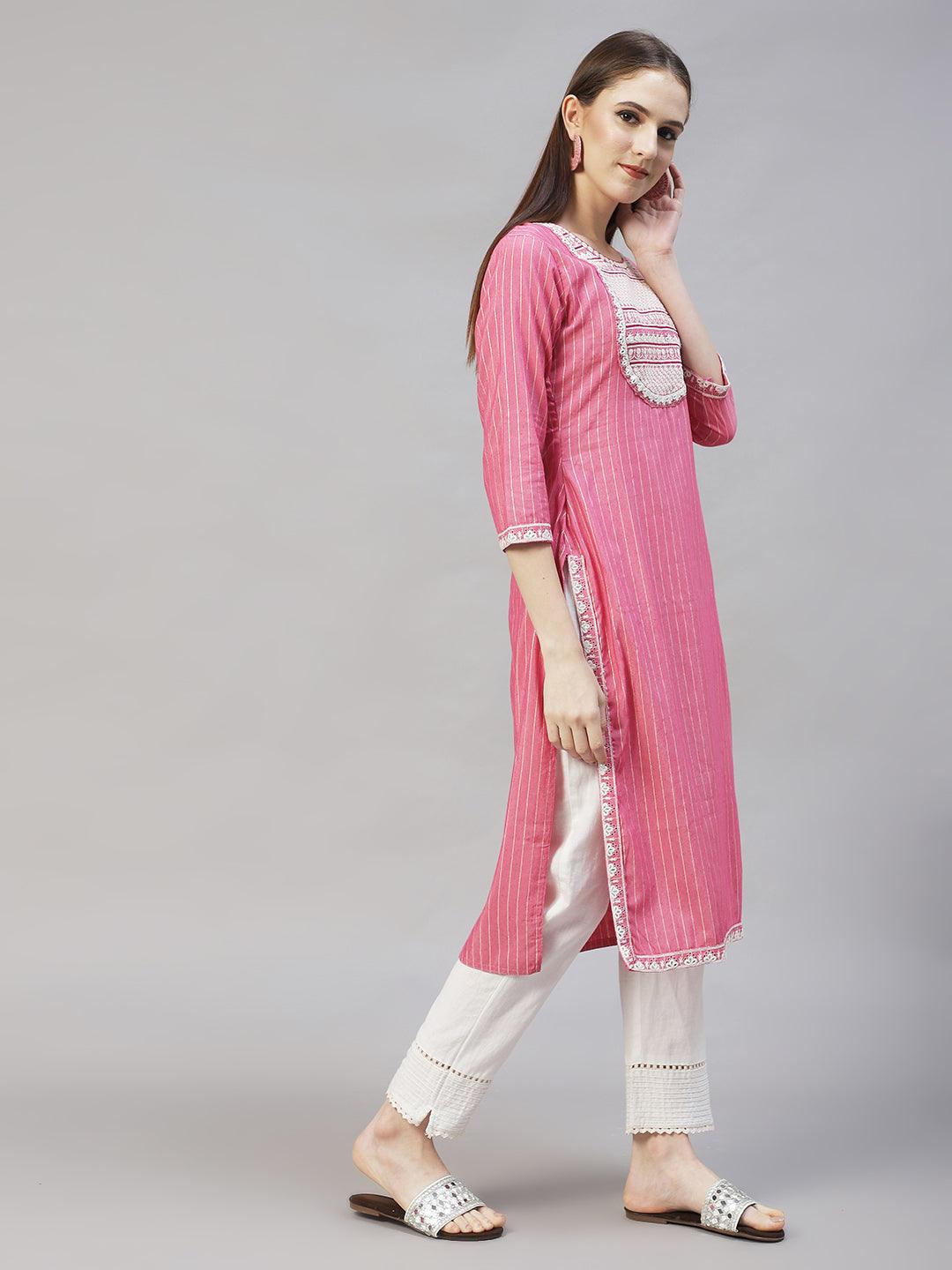 Ethnic Embroidered & Woven Stripes Straight Fit Kurta - Pink - Indiakreations