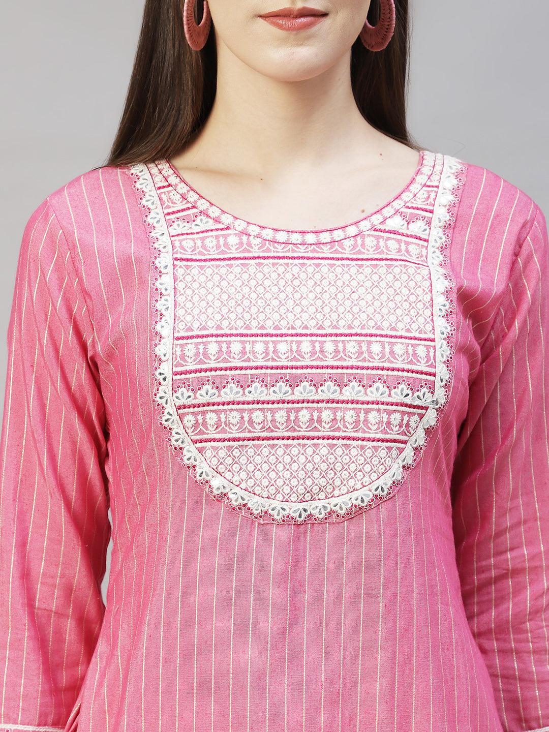 Ethnic Embroidered & Woven Stripes Straight Fit Kurta - Pink - Indiakreations