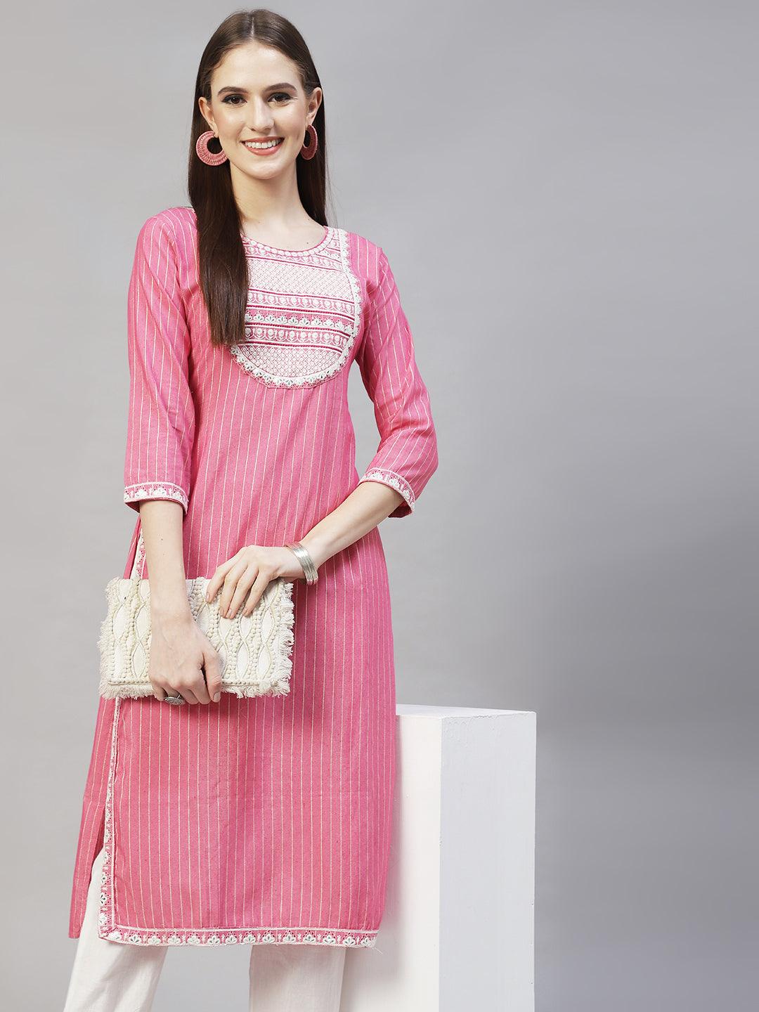 Ethnic Embroidered & Woven Stripes Straight Fit Kurta - Pink - Indiakreations