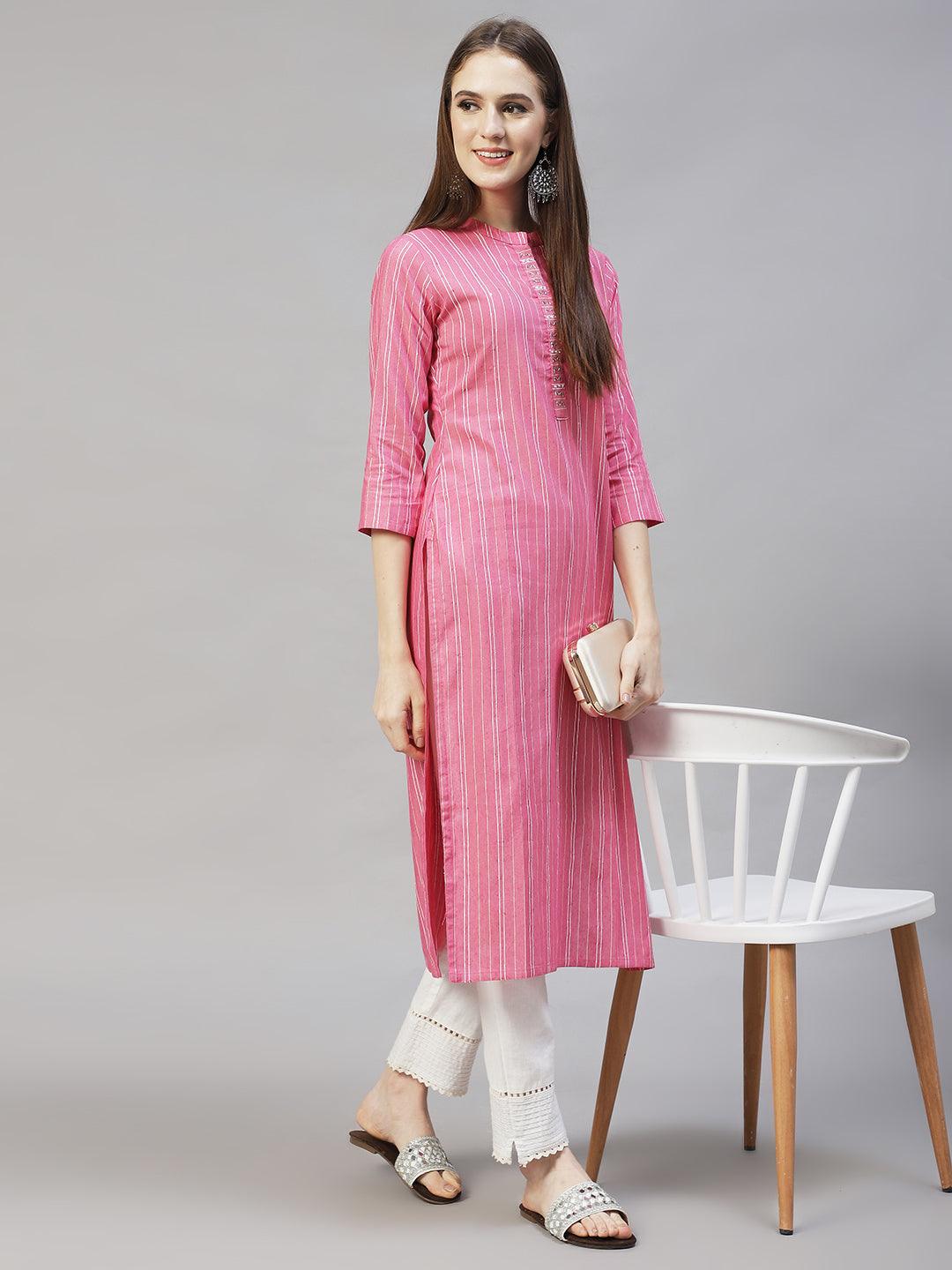 Ethnic Woven Stripes & Hand Embroidered Straight Fit Kurta – Pink - Indiakreations