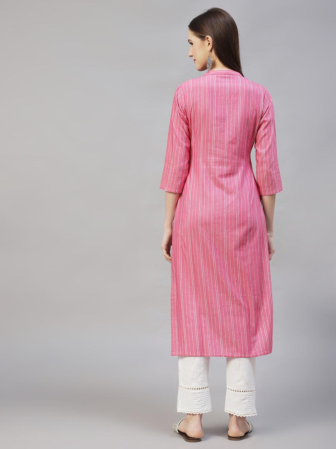 Ethnic Woven Stripes & Hand Embroidered Straight Fit Kurta – Pink - Indiakreations