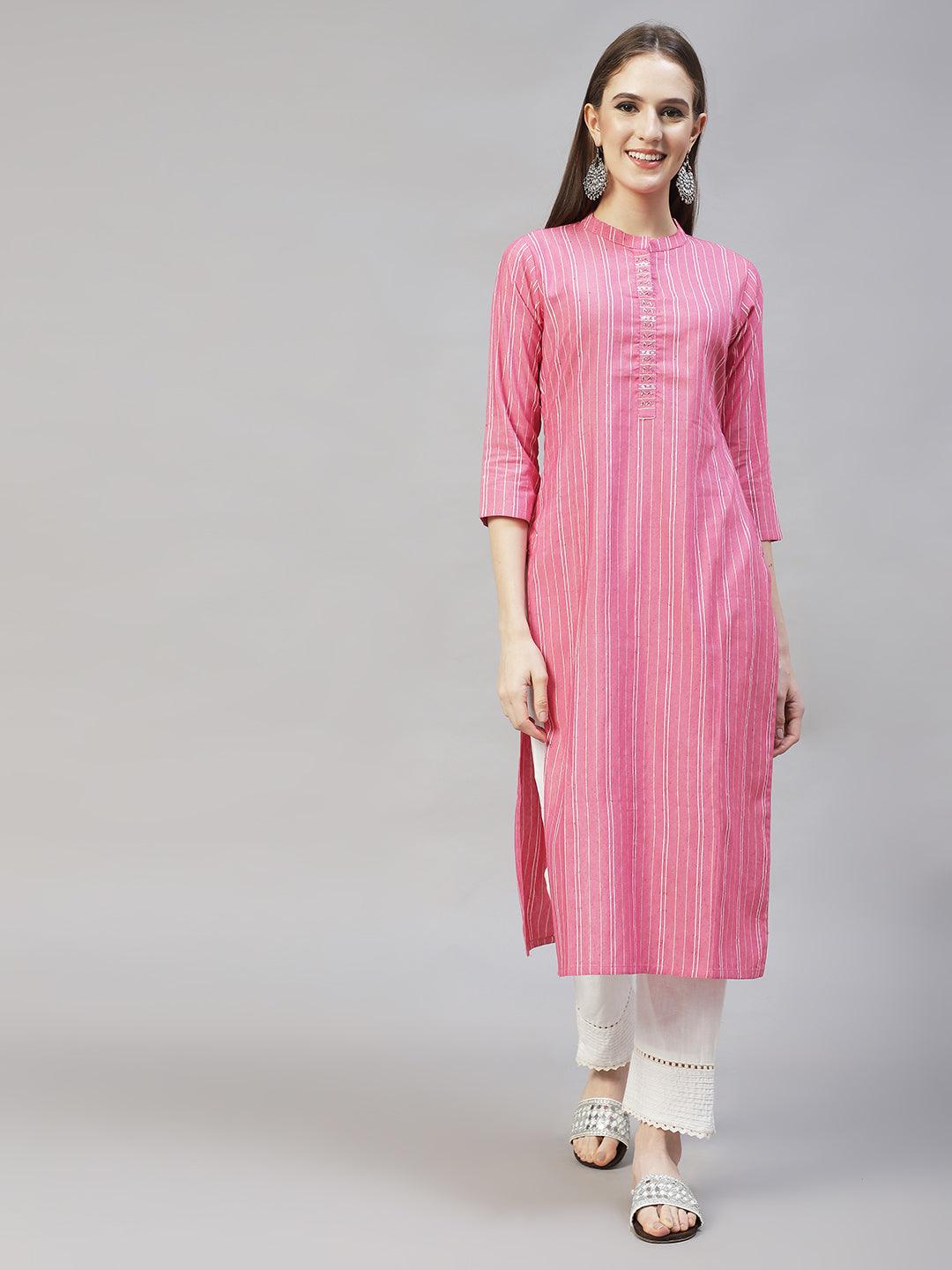 Ethnic Woven Stripes & Hand Embroidered Straight Fit Kurta – Pink - Indiakreations