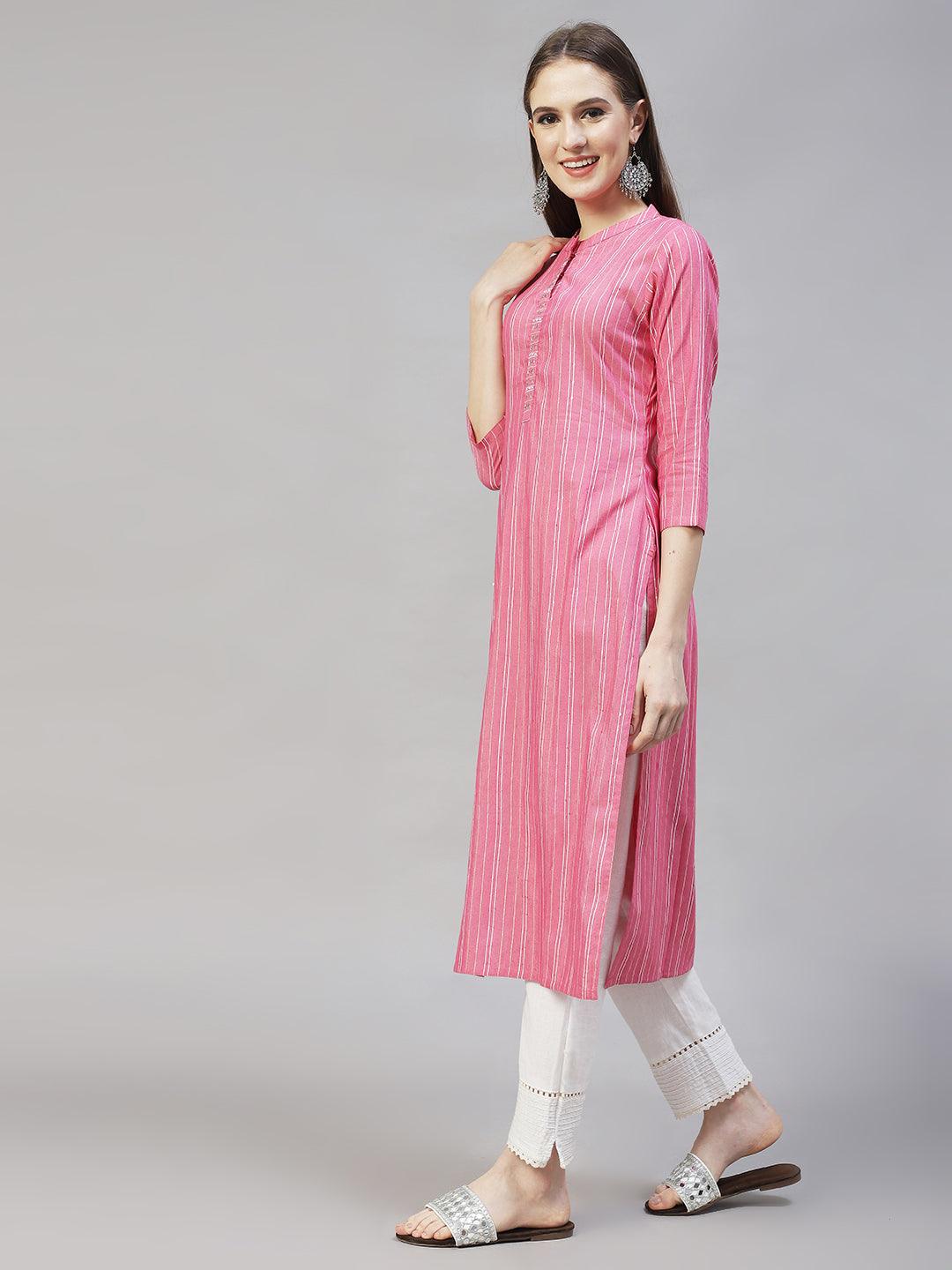 Ethnic Woven Stripes & Hand Embroidered Straight Fit Kurta – Pink - Indiakreations