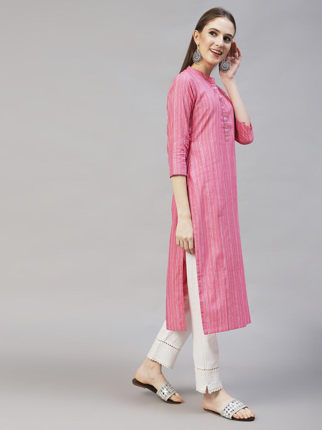 Ethnic Woven Stripes & Hand Embroidered Straight Fit Kurta – Pink - Indiakreations