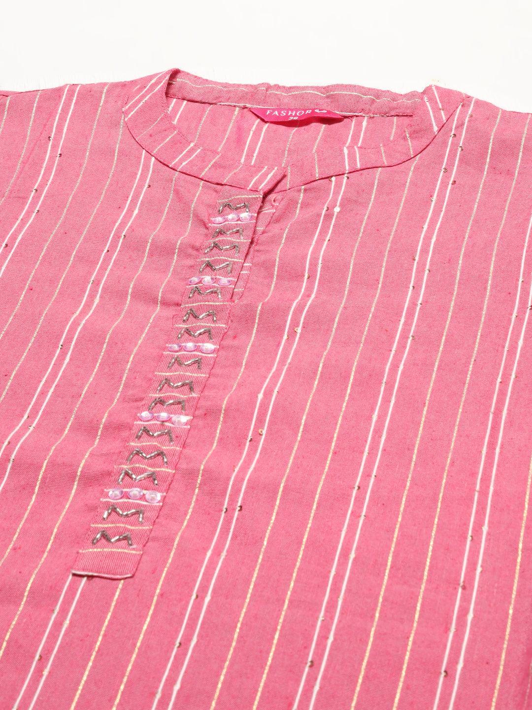 Ethnic Woven Stripes & Hand Embroidered Straight Fit Kurta – Pink - Indiakreations