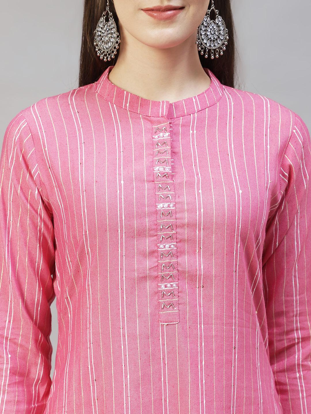 Ethnic Woven Stripes & Hand Embroidered Straight Fit Kurta – Pink - Indiakreations