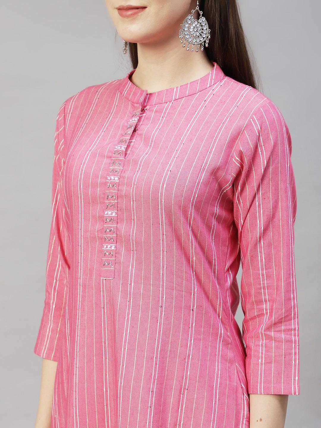 Ethnic Woven Stripes & Hand Embroidered Straight Fit Kurta – Pink - Indiakreations