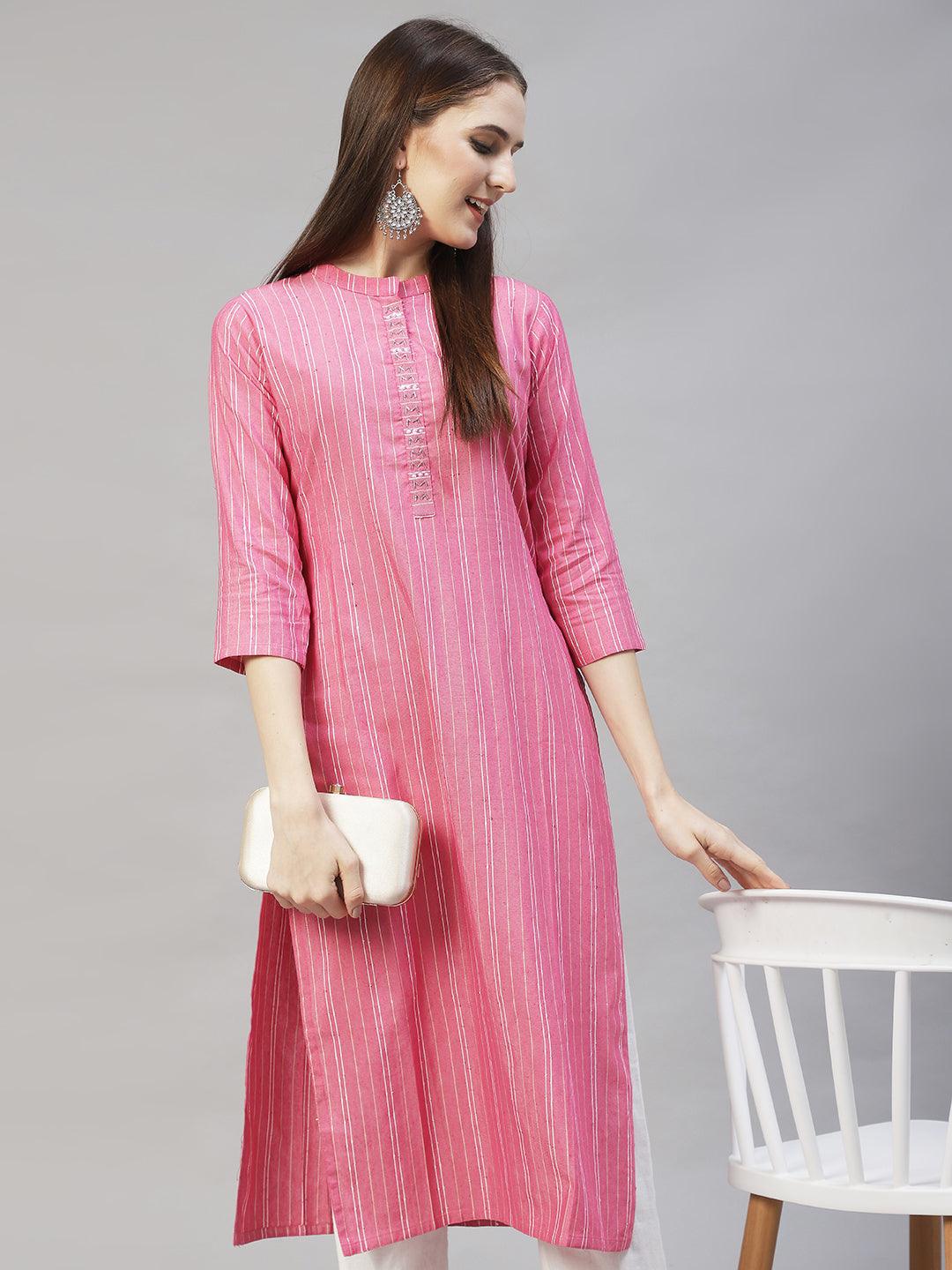 Ethnic Woven Stripes & Hand Embroidered Straight Fit Kurta – Pink - Indiakreations