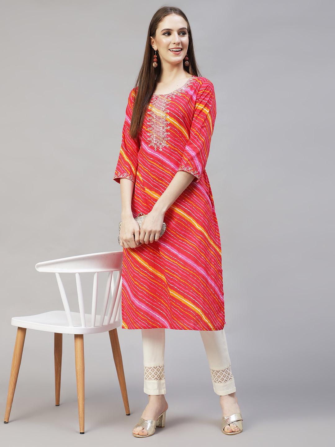 Leheriya Printed & Embroidered Straight Fit Kurta - Multi - Indiakreations