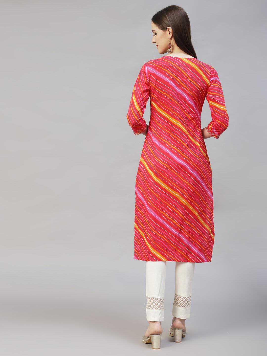 Leheriya Printed & Embroidered Straight Fit Kurta - Multi - Indiakreations