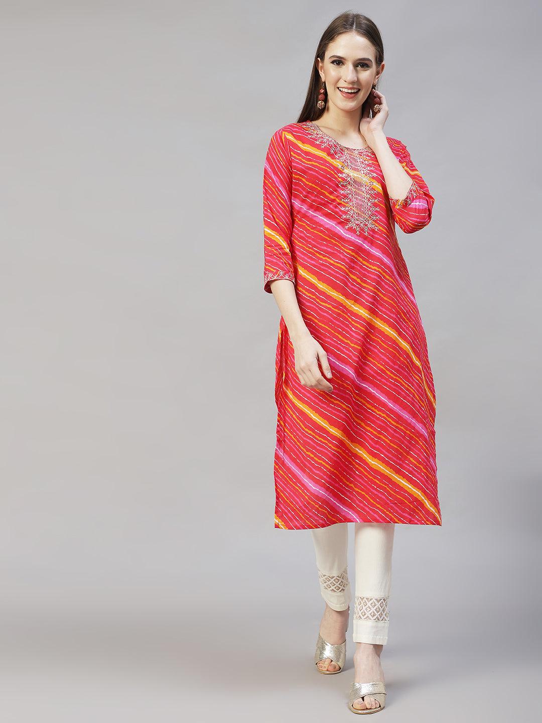 Leheriya Printed & Embroidered Straight Fit Kurta - Multi - Indiakreations