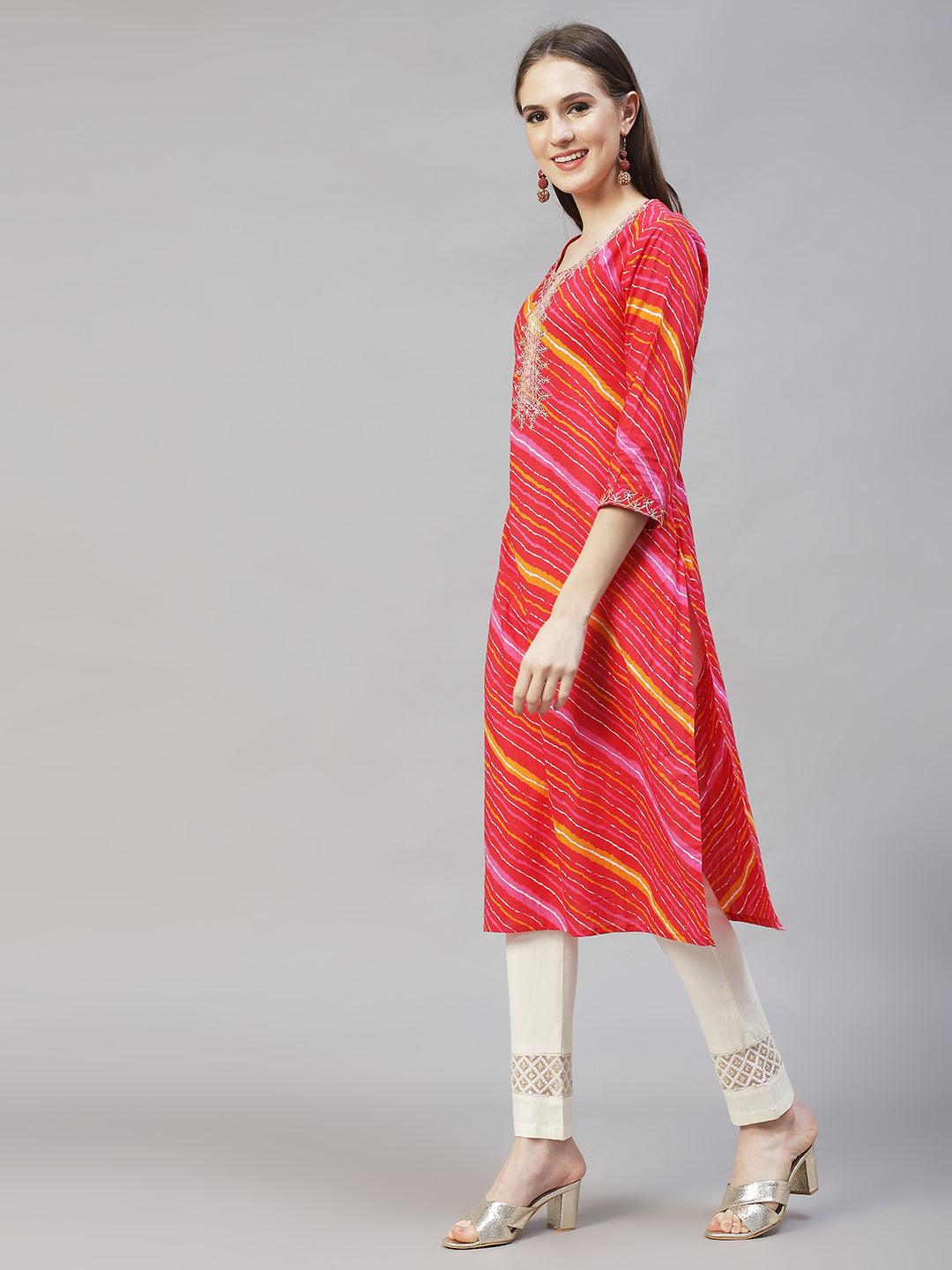 Leheriya Printed & Embroidered Straight Fit Kurta - Multi - Indiakreations