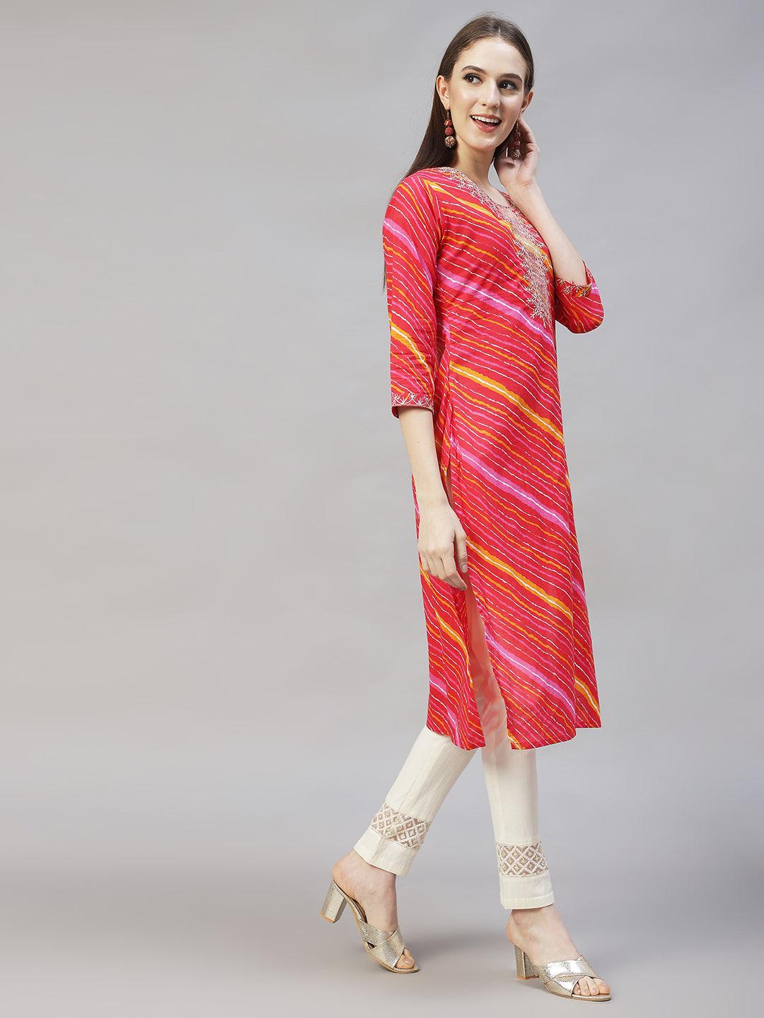 Leheriya Printed & Embroidered Straight Fit Kurta - Multi - Indiakreations