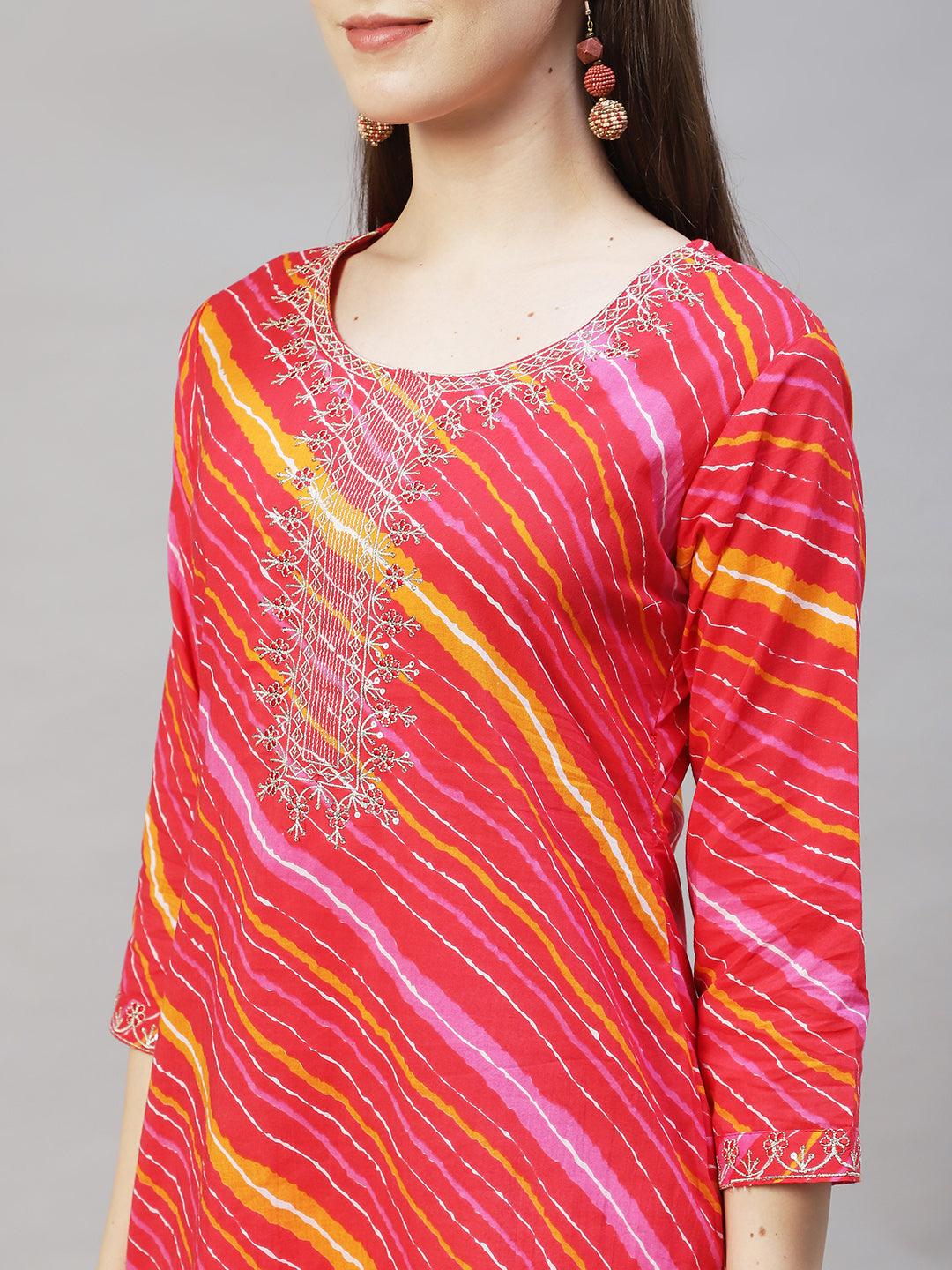 Leheriya Printed & Embroidered Straight Fit Kurta - Multi - Indiakreations