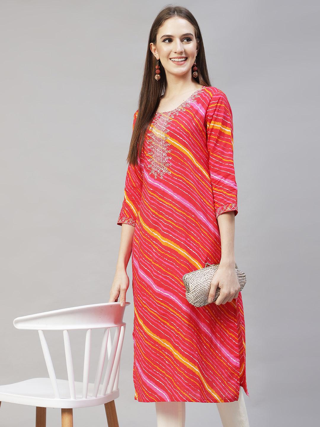 Leheriya Printed & Embroidered Straight Fit Kurta - Multi - Indiakreations