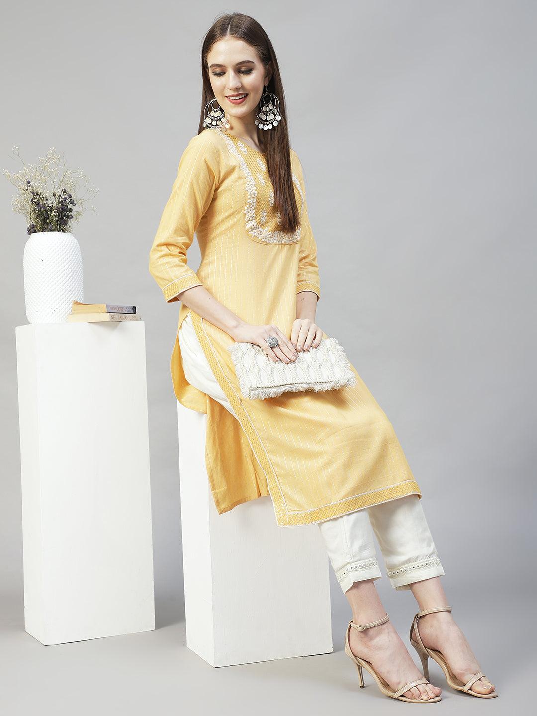 Floral Embroidered & Lurex Striped Straight Fit Kurta – Yellow - Indiakreations