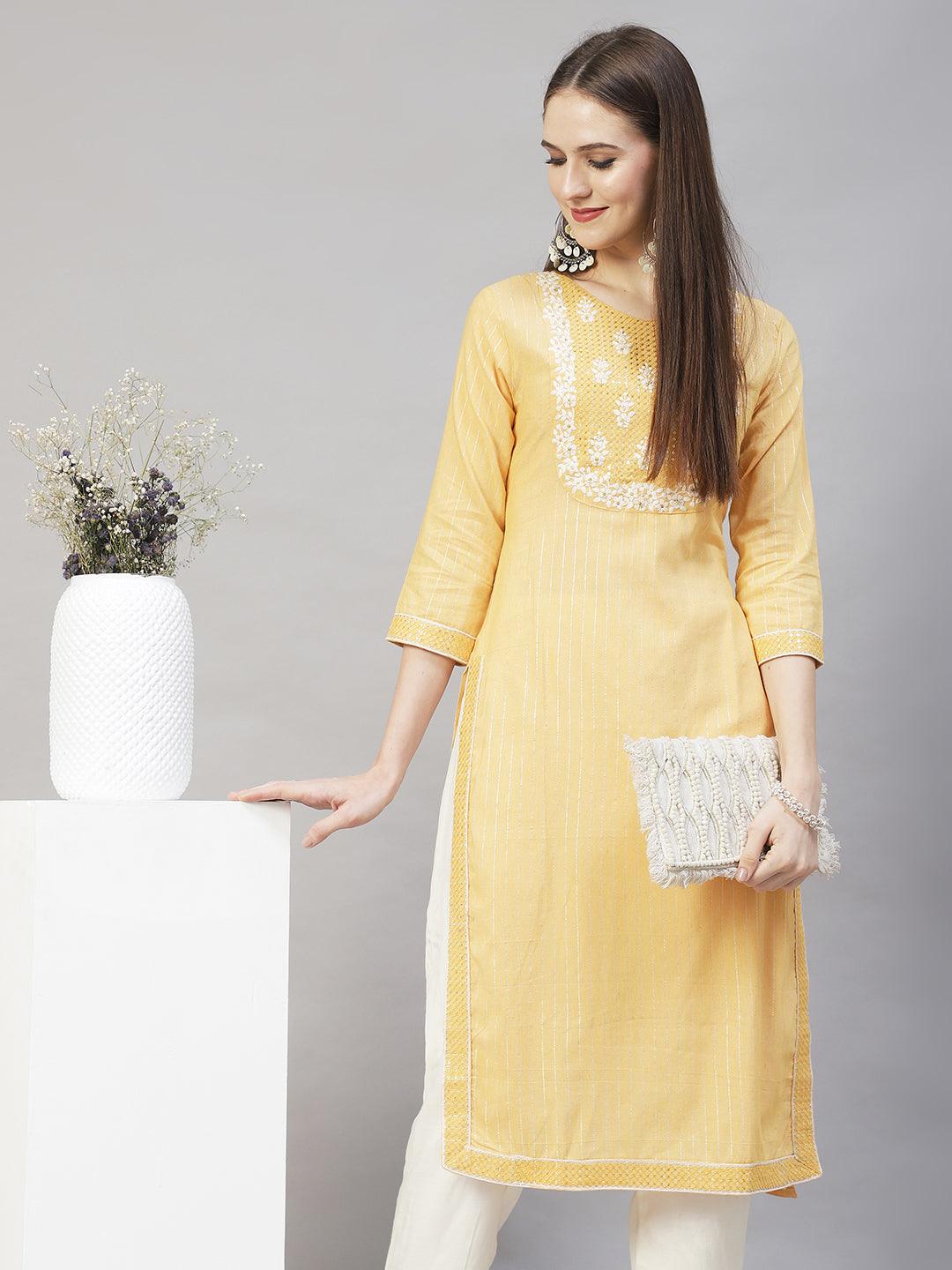 Floral Embroidered & Lurex Striped Straight Fit Kurta – Yellow - Indiakreations